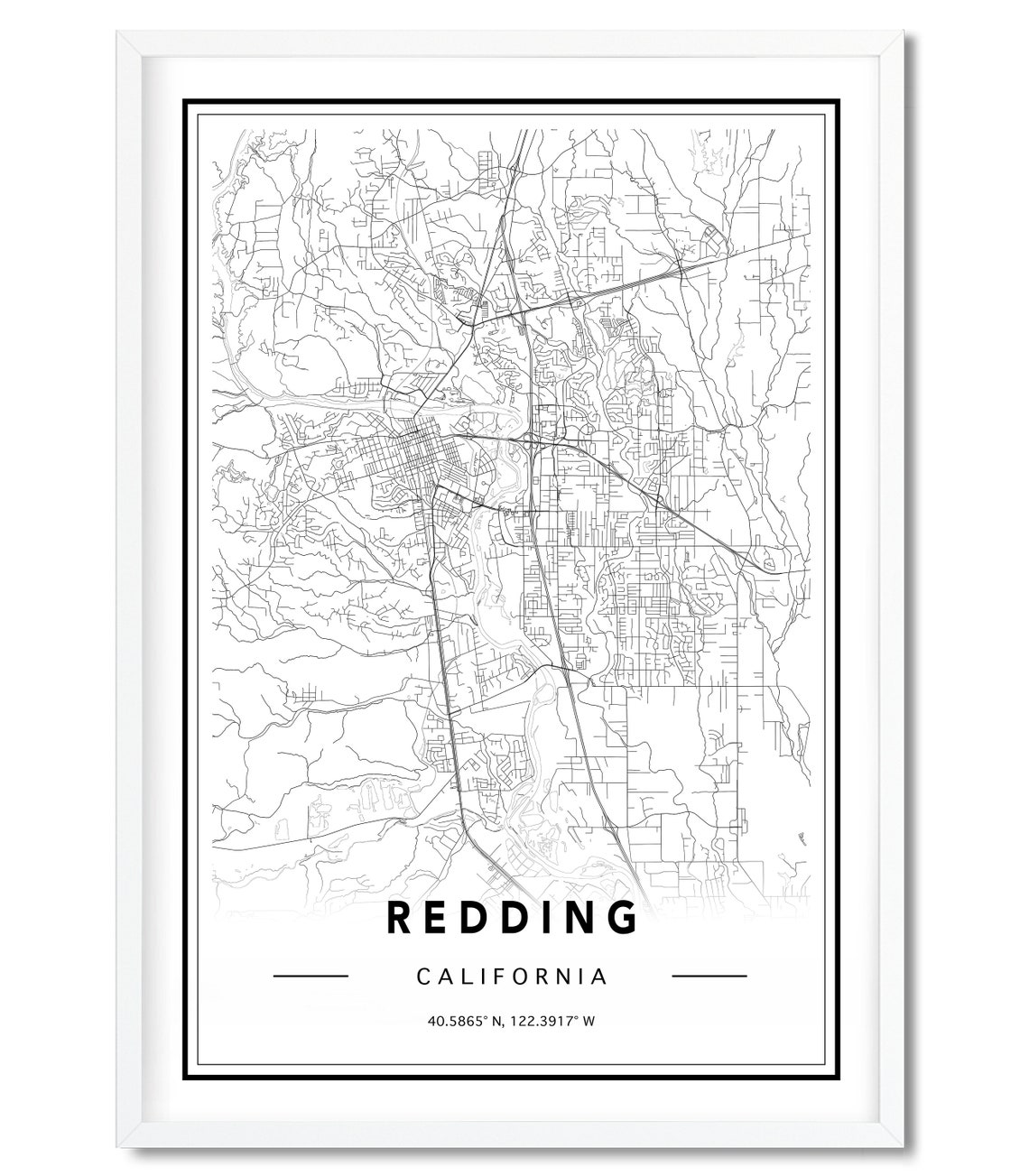 Redding CA Map Print Custom Maps Redding Street Map Redding | Etsy