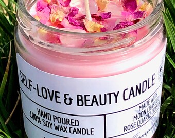 SELF-LOVE & BEAUTY Candle/Moon-Charged/Manifestation/Healing/Crystals/Confidence/Healing/Intention/Handmade/Hand-Poured/Vegan