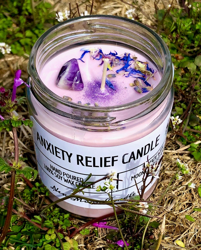ANXIETY RELIEF Candle/Moon-Charged/Manifestation/Calming/Crystals/Relaxation/Healing/Intention/Handmade/Hand-Poured/Vegan 