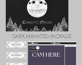 Dark animated streaming package for Twitch featuring Fear & Hunger horror overlays, scenes, tags, panels, and alerts.