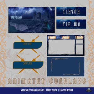 Paquete de transmisión animado ready para Twitch tema medieval OBS streamers / stream: superposiciones, overlays, escenas, paneles y alertas
