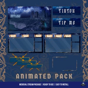 Paquete de transmisión animado ready para Twitch tema medieval OBS streamers / stream: superposiciones, overlays, escenas, paneles y alertas
