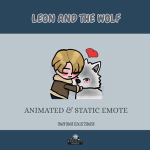 Puede incluir: Gráfico digital animado que presenta un personaje de dibujos animados con cabello rubio abrazando a un lobo. Un corazón rojo flota sobre ellos. Se muestra el texto "LEON AND THE WOLF" y "ANIMATED & STATIC EMOTE".