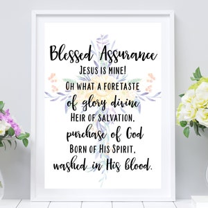 Blessed Assurance Vintage Hymn Art Print, Digital Download, Christian Printable Wall Art Decor, Watercolor Flowers, Hymn Digital Print
