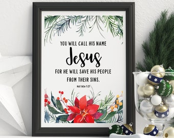 Versículo bíblico navideño imprimible, arte floral de flor de Pascua (descarga digital)