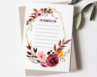 Tarjeta imprimible para el lugar de Acción de Gracias, actividad para la cena floral (PDF)