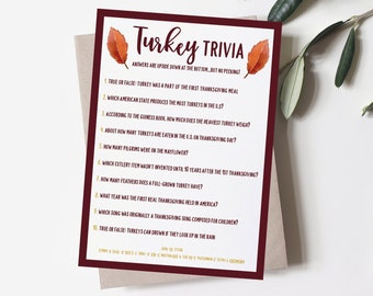 Juego de trivia sobre el pavo de Acción de Gracias, actividad imprimible (PDF)