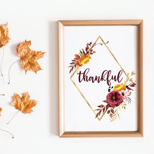 Thankful Printable Wall Art, Fall Leaves Decor Printable, Thankful Printable for Fall, Thankful Decor for Thanksgiving, Thankful Sign