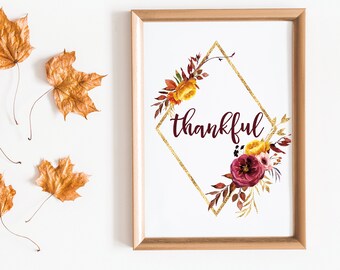 Arte imprimible floral de otoño con agradecimiento (descarga digital)