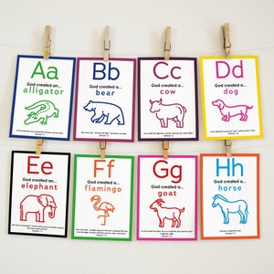 ABC Schriftkarten, Bibelverskarten, Alphabet druckbar, A bis Z Tiere, christliche Homeschool, druckbare Karten