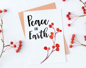 Tarjeta navideña "Paz en la Tierra", tarjeta floral imprimible (descarga digital)