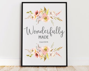 Lámina floral maravillosamente elaborada para habitación infantil, Salmo 139:14 (Descarga digital)