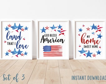 God Bless America Digital Print Set, Instant Download, 4th of July Decor, Memorial Day Signs, Rustic Americana Art, Red White and Blue
