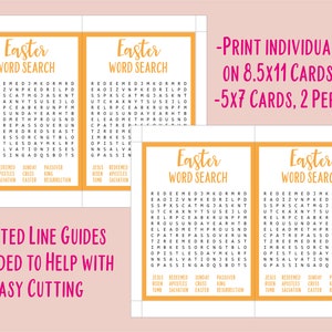 May include: Four printable Easter word search puzzles with a yellow background and orange text. The puzzles are designed to be printed on 8.5x11 cardstock and cut into 5x7 cards. Dotted lines are provided to help with easy cutting.