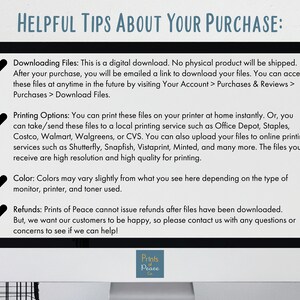 May include: A computer screen displaying helpful tips about purchasing digital files. The text includes information about downloading, printing, and color variations. The screen also includes a logo for Prints of Peace.