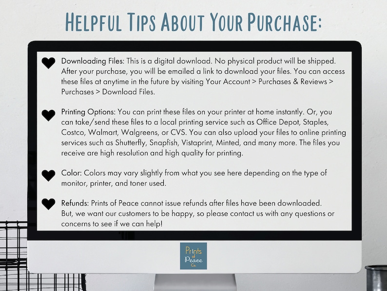 May include: A computer screen displaying helpful tips about purchasing digital files. The text includes information about downloading, printing, and color variations. The screen also includes a logo for Prints of Peace.