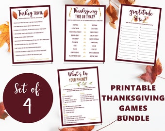 Paquete de juegos de Acción de Gracias, curiosidades sobre el pavo y gratitud (descarga digital)