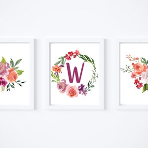 Watercolor Floral Initial Digital Download, Letter W Monogram Digital Download, Printable Nursery Sign Baby Girl. Watercolor Floral Set.