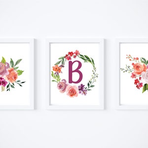 Watercolor Floral Initial Digital Download. Letter B Monogram Digital Download. Printable Nursery Sign Baby Girl. Watercolor Floral Set.