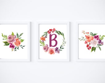 Watercolor Floral Initial Digital Download. Letter B Monogram Digital Download. Printable Nursery Sign Baby Girl. Watercolor Floral Set.