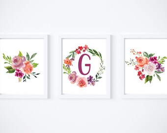 Watercolor Floral Initial Digital Download, Letter G Monogram Digital Download, Printable Nursery Sign Baby Girl. Watercolor Floral Set.