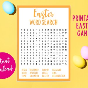 May include: Printable Easter word search game with a yellow background and pink and yellow Easter eggs. The word search puzzle includes words like "Jesus", "Resurrection", "Salvation", "Easter", and "Cross".
