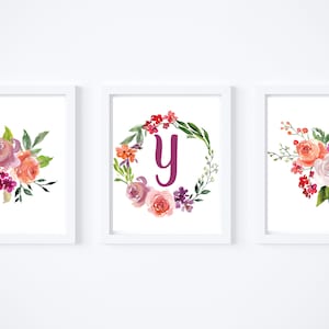 Acuarela Floral Inicial Digital Descargar, Carta Y Monograma Digital Descargar, Imprimible Guardería Signo Bebé Niña. Set Floral de Acuarela.