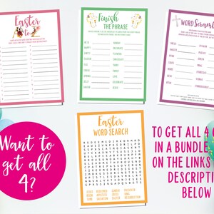 May include: Four printable Easter game cards with a pink, green, purple, and orange background. The games include "Easter A to Z", "Finish the Phrase", "Word Scramble", and "Easter Word Search". The text "Want to get all 4?" is written in white on a pink circle.