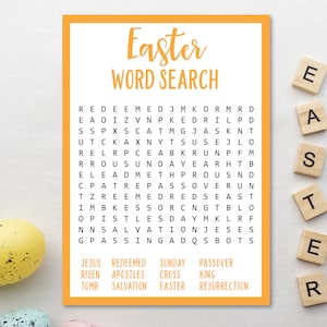 May include: An orange and white printable Easter word search puzzle with the words "Easter Word Search" at the top. The puzzle features words related to Easter, such as "Jesus", "Resurrection", "Salvation", "Cross", "King", "Apostels", "Redeemed", "Sunday", and "Passover".
