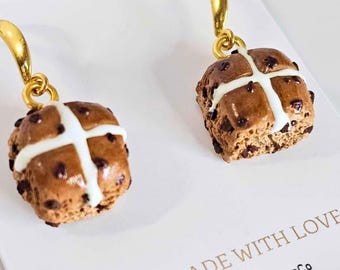 Hot Cross Bun Earrings, Easter Earrings, Statement, Novelty Earrings, Teacher Gifts, Food Earrings, Polymer Clay Earrings, Bakery Earrings