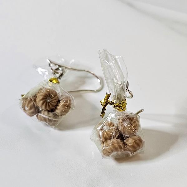 Food Jewellery - Cookie Lovers - French - Miniature Bag of Petite Four Cookies - 925 Sterling Silver Drop Earrings
