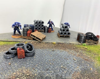 28mm Scatter Terrain, Wargaming Terrain, Miniature Terrain, Tire Pile, Miniature Pallets, Jerry Cans, Scatter Terrain