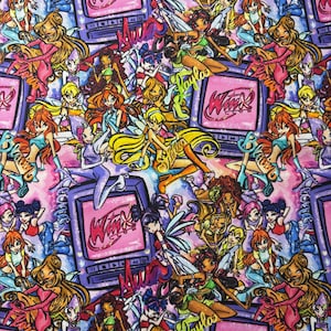 May include: A colourful fabric design with cartoon fairies in dynamic poses. The pattern includes the word "Winx" displayed on television screens. The colour scheme is a mix of pink, purple, blue, yellow, and orange. The overall theme is fantasy and animation.