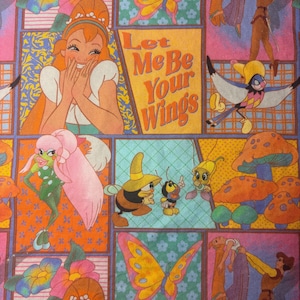 May include: Fabric featuring a repeating pattern of cartoon characters from Thumbelina, including Thumbelina, Prince Cornelius, Jacquimo, and various insects. The design includes orange, blue, and yellow panels with the text Let Me Be Your Wings.
