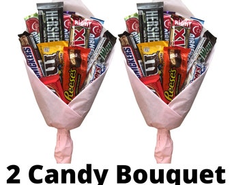 2 Bulk Candy Chocolate Hand Tie Bouquet - Birthday - Graduation - Quarantine - Get Well Soon -Congratulations - Best Wishes -Thinking of You