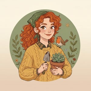 May include: Illustration of a person with red curly hair wearing a yellow sweater, green scarf, and holding a small trowel and a potted succulent. A small bird perches on their shoulder. The background is a green circle with floral elements.