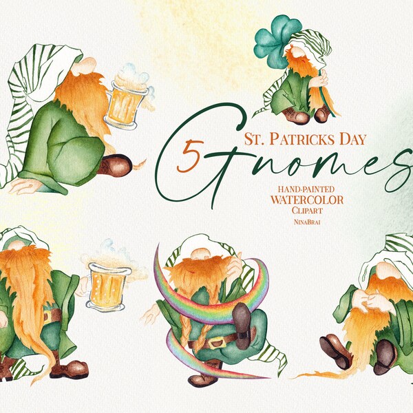 Watercolor St Patricks Day. Gnomes clipart. Gnomes Sublimation PNG. Hand Drawn graphics. Instant download. Digital clipart PNG.