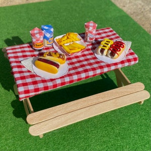 Miniature Hot Dogs and Chili Cheese Dogs with Ketchup Mustard Barbecue Mayo for Cook Out Grill Dollhouse Grilled Goods