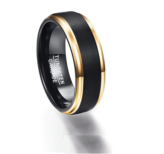 Tungsten Ring-Mens Wedding Band- Mens Ring 8mm Center Black with Gold edges-Wedding Engagement Band #wd-17