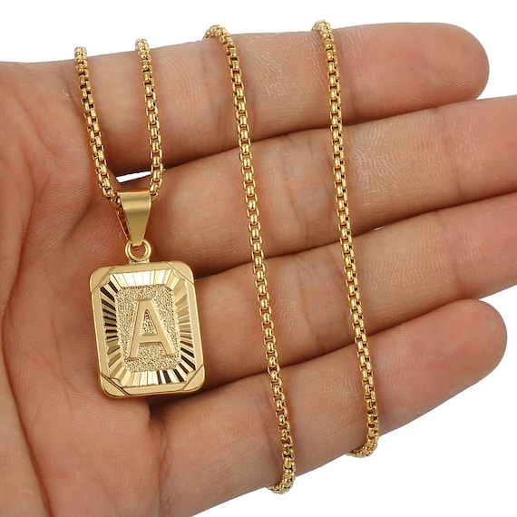 Initial Letter Pendent Necklace-Gold Square Letter Necklace Initial Necklace-Gold Medallion Pendant Necklace-Name Necklace #NN-32