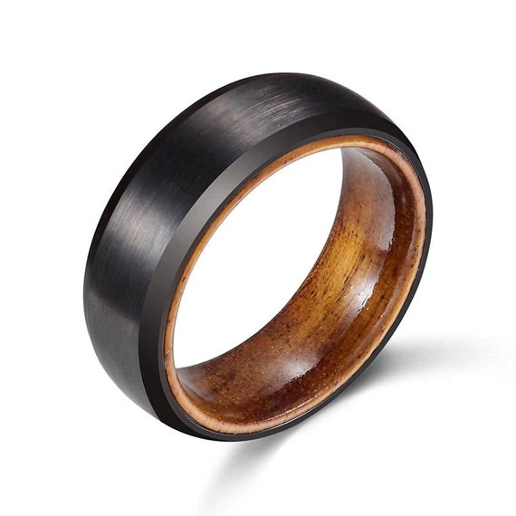 Black Wedding Band-Wood Sleeve Tungsten Ring-Men 8mm Comfort fit--Black Tungsten Ring-Men's Black Wedding Band--#wd-41