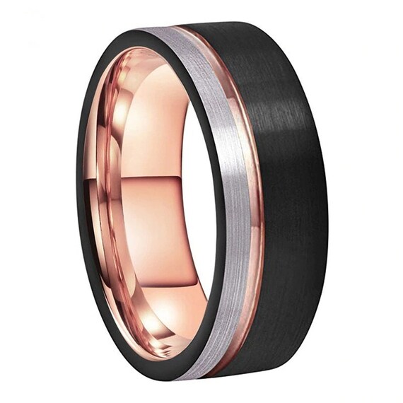 Mens Wedding Band-8mm Tungsten Men's Rings Black and Rose Gold stripe Wedding Engagement Band Brushed Finish-Mens Ring #wd-01