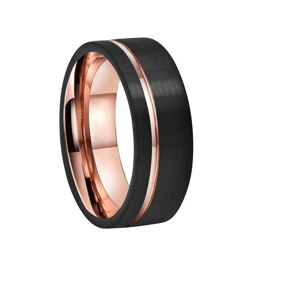 Tungsten Ring Men Wedding Band-8mm Black and Rose Gold stripe Wedding Engagement Band Brushed Finish-Mens Ring- Woman Wedding Ring #wd-01