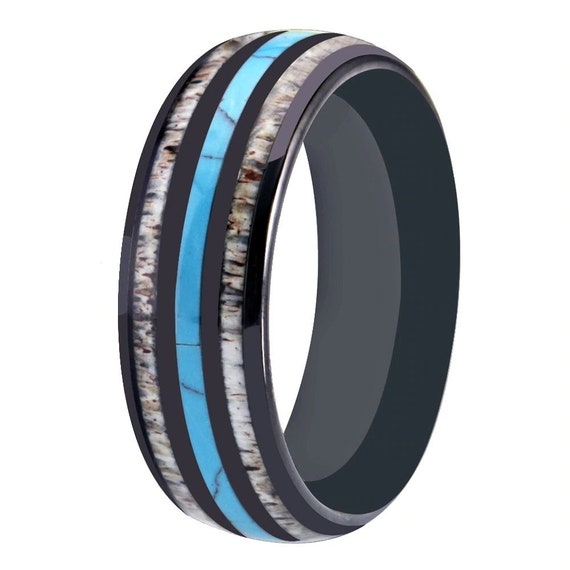Tungsten Ring Turquoise with Deer Antler Inlay-8mm-Mens Wedding Band-Woman Wedding Band-Mens Ring-Woman Ring#wd-45