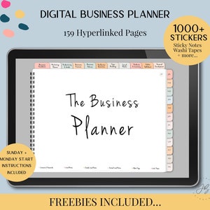 May include: A digital business planner on a tablet screen with the text "The Business Planner" in black cursive font. The planner has 159 hyperlinked pages and includes over 1000 stickers, sticky notes, washi tapes, and more.