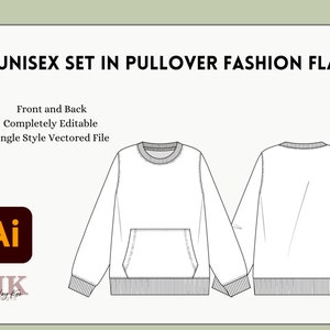 Unisex Set In Pullover Fashion Flat | Vectored Illustrator Files | Templates | Apparel Mockup | Editable Design Mockups | Technical Drawing