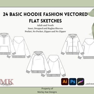 24 Basic Hoodie Fashion Flats | Vektorisierte Illustrator Dateien | Mode Vorlagen | Bekleidungsskizze | Bearbeitbare Grafikdesign Mockups | Unisex