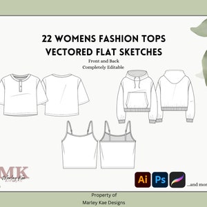 22 Basic Women&#39;s Fashion Tops Flats | Vectored Illustrator Files | Fashion Templates | Apparel Mockup | Editable Graphic Design Mockups