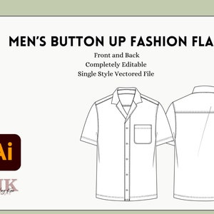 Men&#39;s Button Up Fashion Flat | Vectored Illustrator Files | Fashion Templates | Apparel Mockup | Editable Design Mockups | Technical Drawing
