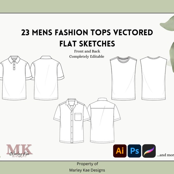 23 Basic Men's Fashion Tops Flats | Vectored Illustrator Files | Fashion Templates | Apparel Mockup | Editable Graphic Design Mockups